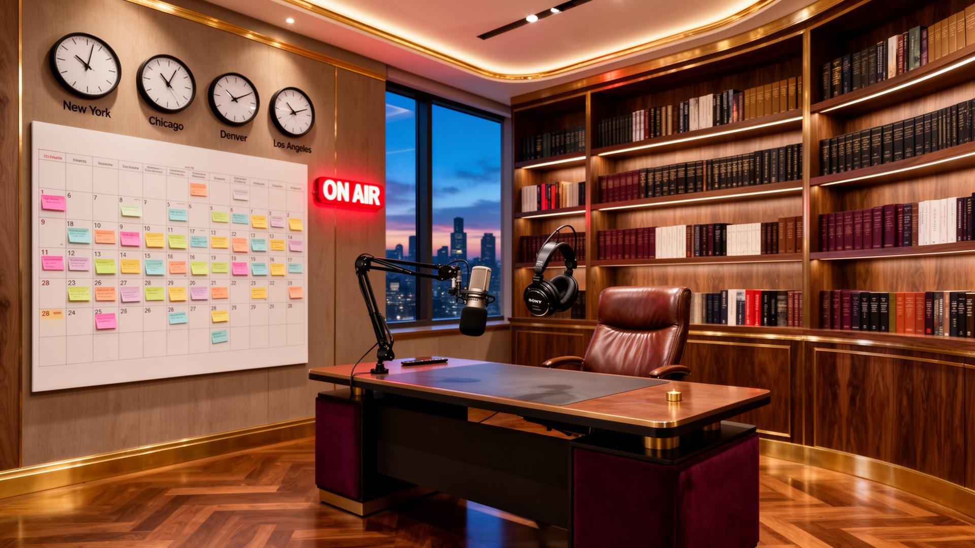Belle Daves' executive office at IAMG — broadcast desk, calendar wall, time-zone clocks, on-air sign and manuscript library