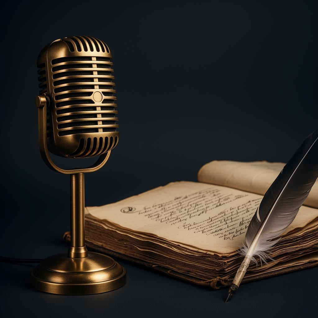 Vintage broadcast microphone beside an open manuscript with quill